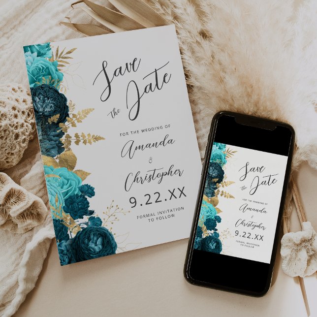 Teal Aqua Gold Floral Script Save the Date Announcement (Creator Uploaded)