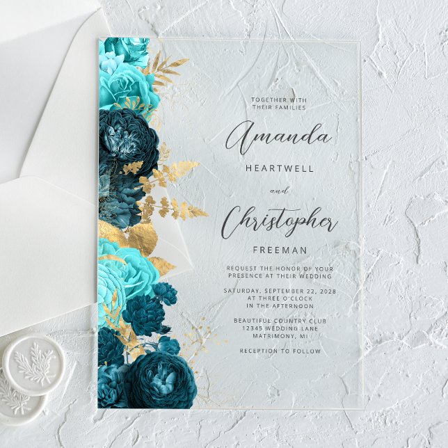 Teal Aqua Gold Floral Script Wedding Acrylic Invitations (Creator Uploaded)