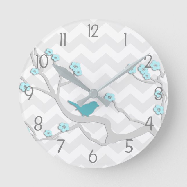 Teal Aqua Gray Bird on Branch Nursery Wall Clock (Front)