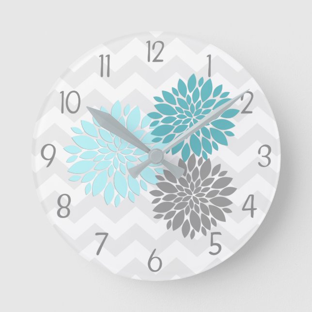 Teal Aqua Gray Dahlia Flower Nursery Wall Clock (Front)