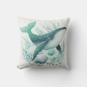 Teal Aqua Green Humpback Whale Sealife Nautical Throw Pillow