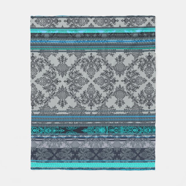 Teal, Aqua & Grey Vintage Bohemian Wallpaper Fleece Blanket (Front)