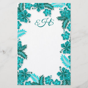 Teal Aqua Hibiscus Border Monogrammed Blank Paper