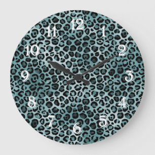 Teal Aqua Leopard Print Large Clock