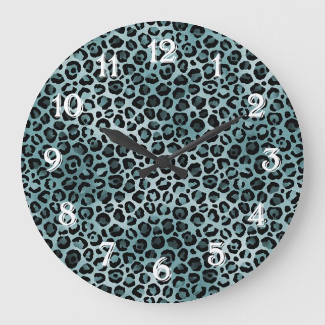 Teal Aqua Leopard Print Large Clock (Front)