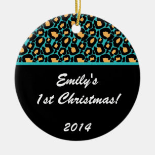 Teal Aqua Leopard Spot Personalized Name Ornament