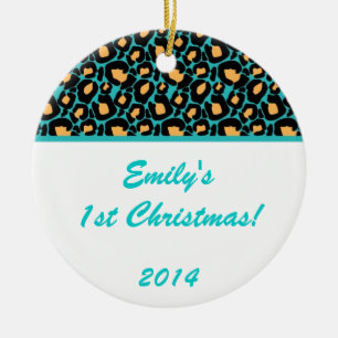 Teal Aqua Leopard Spot Personalized Name Ornament
