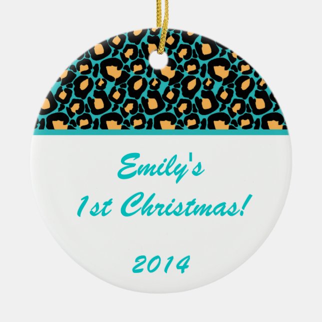 Teal Aqua Leopard Spot Personalized Name Ornament (Front)
