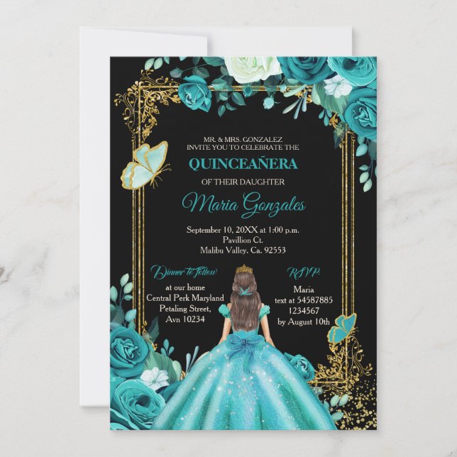 Teal Aqua Mexican Quinceanera Butterfly Invitation (Front)