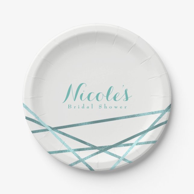 Teal Aqua Modern Geometric Lines Elegant Custom Paper Plate (Front)