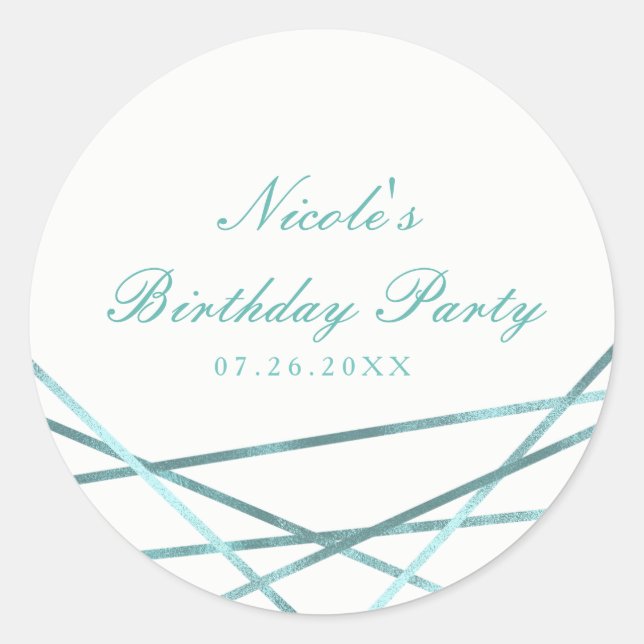 Teal Aqua Modern Geometric Lines Glam Party Favour Classic Round Sticker (Front)