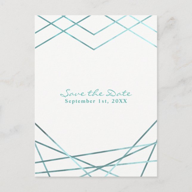 Teal Aqua Modern Geometric Party Save the Date Announcement Postcard (Front)