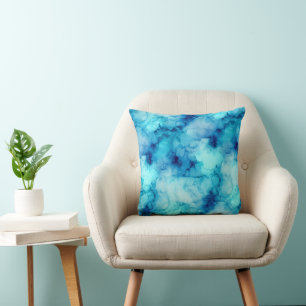 Teal Aqua Ocean Blue Fluid Marble Throw Pillow