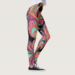 Teal Aqua Pink Yellow Abstract Paisley Pattern Leggings