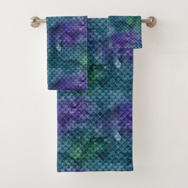 Teal Aqua Purple Mermaid Sparkle Bath Towel Set (Insitu)