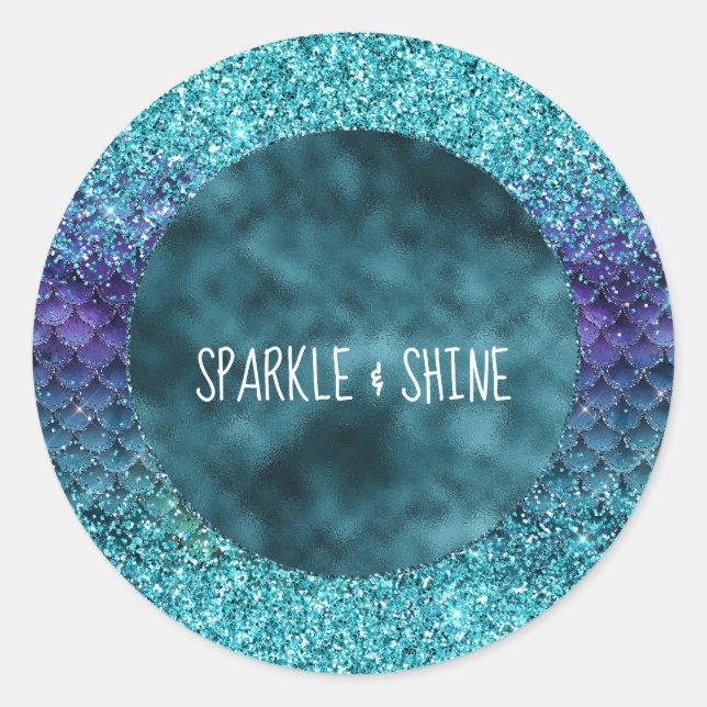 Teal Aqua Purple Mermaid Sparkle Glitter Classic Round Sticker (Front)