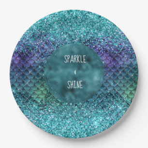 Teal Aqua Purple Mermaid Sparkle Glitter Paper Plate