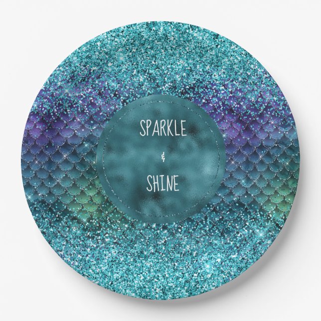 Teal Aqua Purple Mermaid Sparkle Glitter Paper Plate (Front)