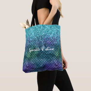 Teal Aqua Purple Mermaid Sparkle Glitter Tote Bag