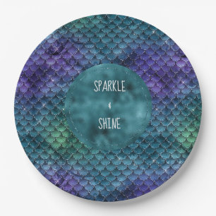 Teal Aqua Purple Mermaid Sparkle Paper Plate