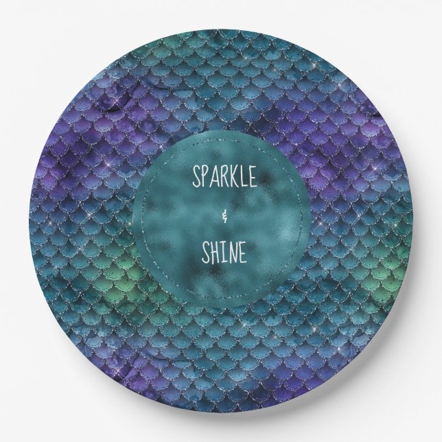 Teal Aqua Purple Mermaid Sparkle Paper Plate (Front)