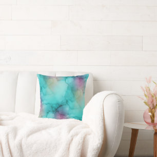 Teal Aqua Purple Watercolor Marble Fluid Art Throw Pillow