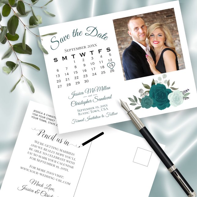 Teal & Aqua Roses Photo & Calendar Save the Date Announcement Postcard (Creator Uploaded)