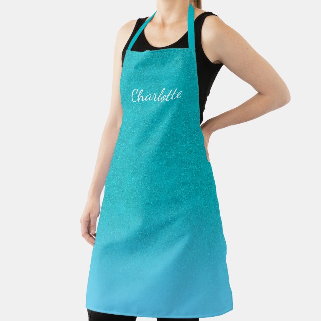 Teal aqua sea green glitter name apron (Insitu)