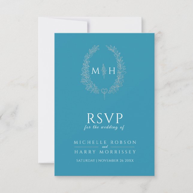 Teal aqua silver drawn leaf monogram RSVP wedding Card (Front)