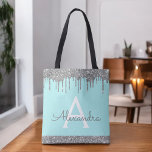 Teal Aqua Silver Glitter Sparkle Elegant Monogram Tote Bag<br><div class="desc">Luxury Silver and Teal Aqua Blue Faux Sparkle and Glitter Elegant Monogram Book Bag. This Book Bag can be customized to include your initial and first name and given as a gift for Christmas,  Sweet 16 Birthday,  Bridal Shower or a Wedding.</div>