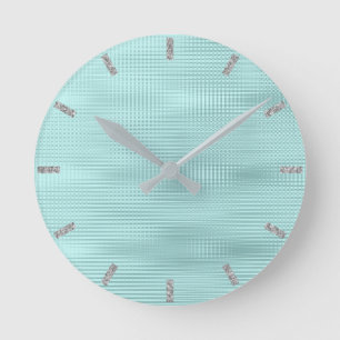 Teal Aqua Silver Grey Minimal Metallic Stripes Round Clock