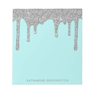 Teal Aqua Silver Sparkle Glitter Drips Luxury Notepad