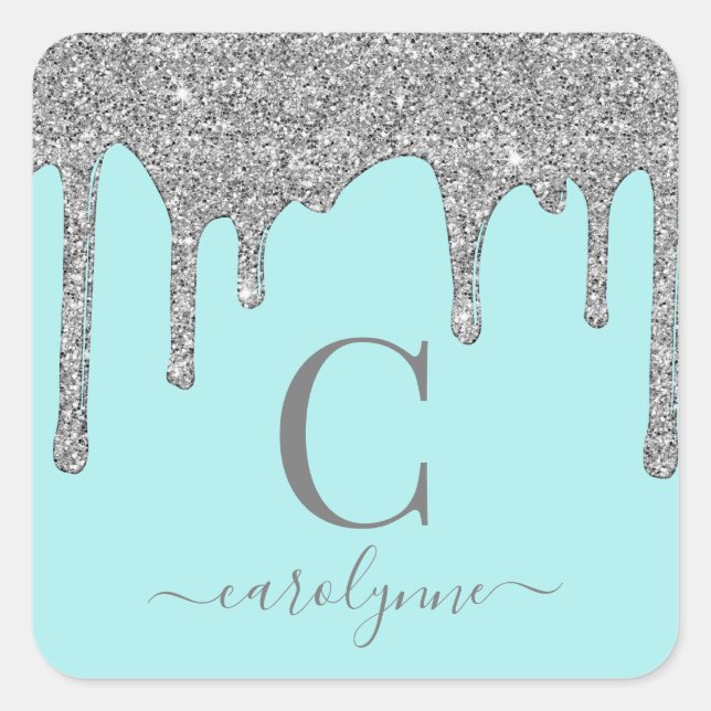 Teal Aqua Silver Sparkle Glitter Drips Monogram Square Sticker (Front)