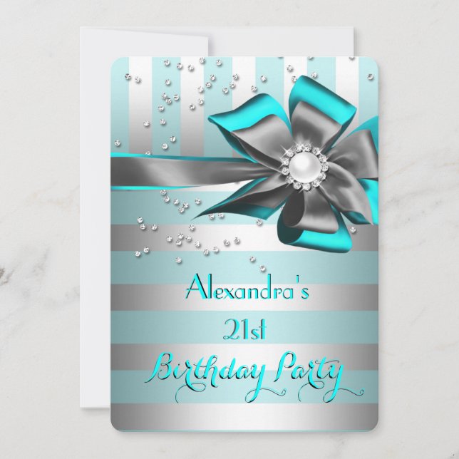 Teal Aqua Silver Stripe Bow Pearl Birthday Party Invitation (Front)
