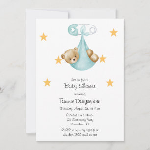 Teal Aqua Teddy Bear Diaper Gingham Custom Invitation