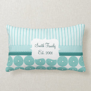 Teal Aqua Turquoise Blue Stripes Circles Pattern Lumbar Pillow