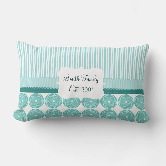 Teal Aqua Turquoise Blue Stripes Circles Pattern Lumbar Pillow (Front)
