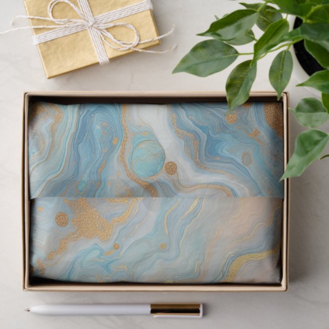 Teal Aqua Turquoise Blue White Gold Marble Pattern Tissue Paper (Gift)