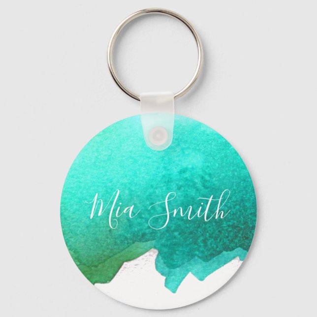 Teal Aqua watercolor cute girl gift name Keychain (Front)