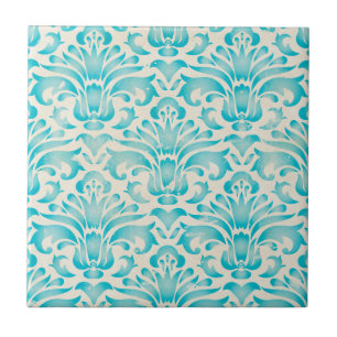 Teal Aqua Watercolor Damask Ombre Blue Print Tile