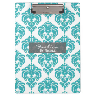 Teal Aqua White Damask Chic Glam Personalized Clipboard