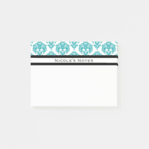 Teal Aqua White Damask Pattern Modern Personalized Post-it Notes
