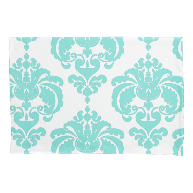 Teal Aqua & White Elegant Chic Damask Pattern Pillowcase (Front)