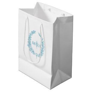 Teal aqua white leaf oval wreath monogram wedding medium gift bag