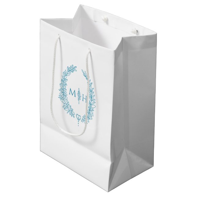 Teal aqua white leaf oval wreath monogram wedding medium gift bag (Front Angled)