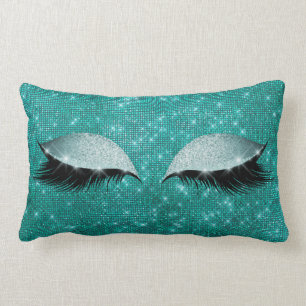 Teal Aquatic Glam Sparkly Eye Black Glitter Makeup Lumbar Pillow