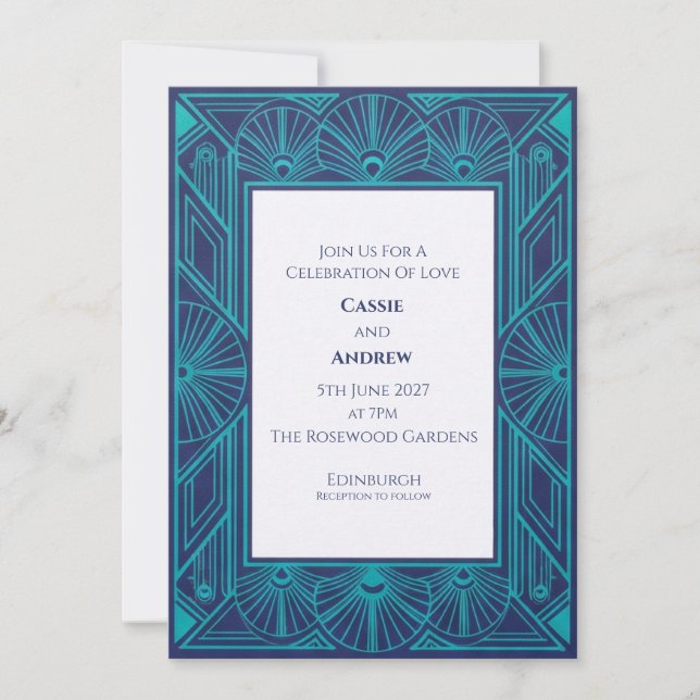 Teal Art Deco Peacock Wedding Invitation (Front)
