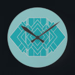 Teal Art Deco Quilt Inspired Round Clock<br><div class="desc">This clock, has an art deco quilt-inspired design of diamond shapes and a rectangle, both in teal and silver, on a field of lighter teal.</div>