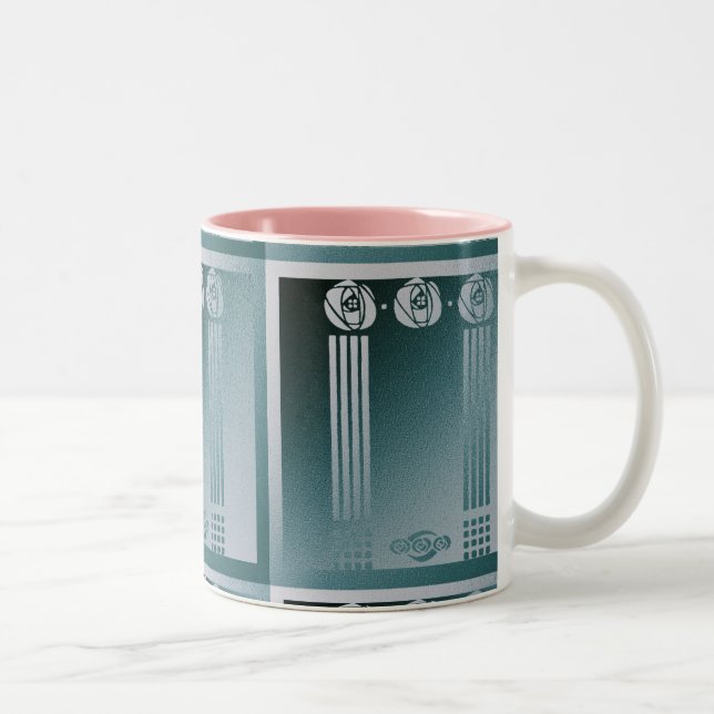 Teal Art nouveau,Charles Mackintosh, rose design r Two-Tone Coffee Mug (Right)