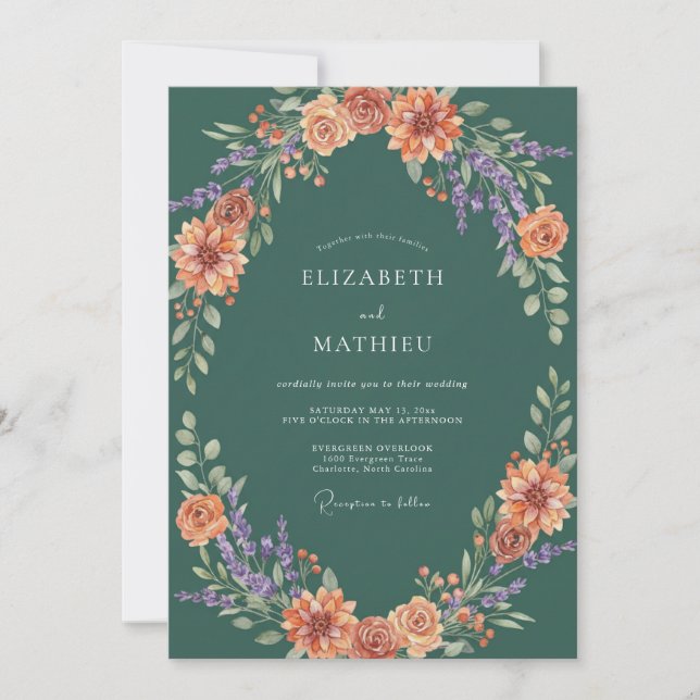 Teal Autumn Bloom Flourish Wedding Invitation (Front)